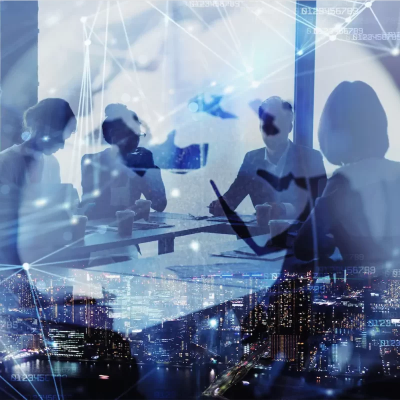network-background-concept-with-business-people-silhouette-city-skyline-night-double-exposure-network-effects